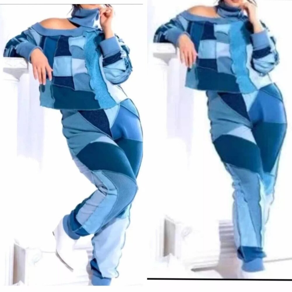 AKIRA 2-Pc Set Off Shoulder Sweater Top & Joggers Denim Patchwork 2X Blue